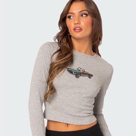 Edikted Gray Fitted Crop Long Sleeve Tee - Picture 1 of 4